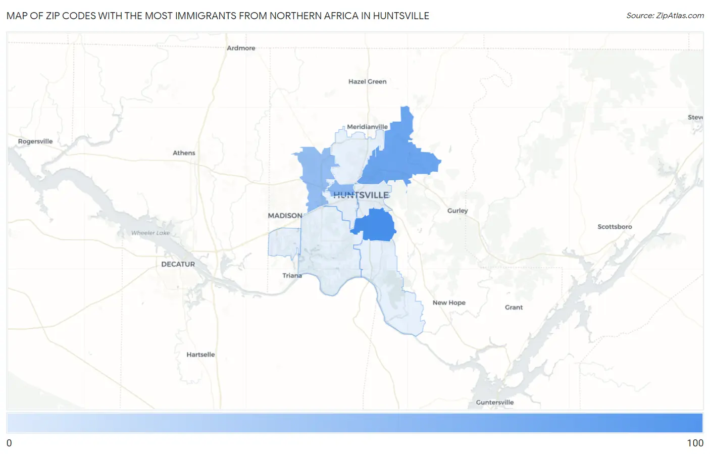 Zip Codes with the Most Immigrants from Northern Africa in Huntsville Map
