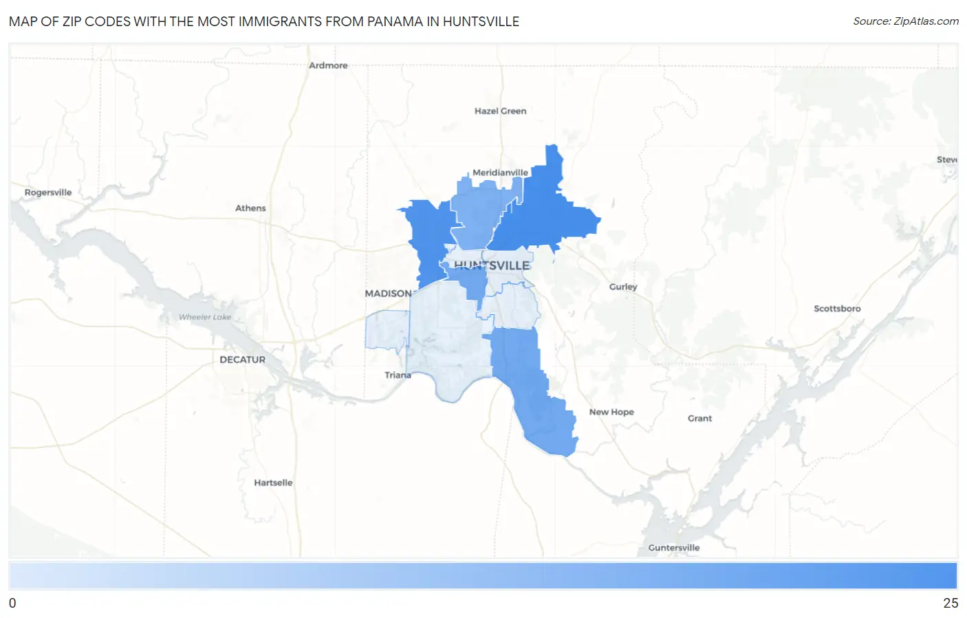 Zip Codes with the Most Immigrants from Panama in Huntsville Map
