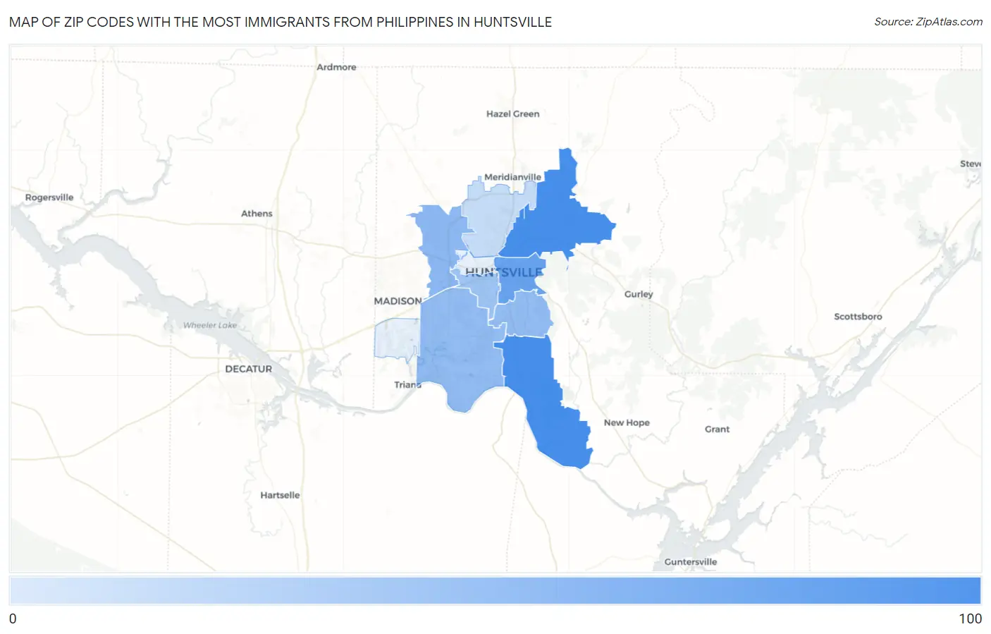 Zip Codes with the Most Immigrants from Philippines in Huntsville Map