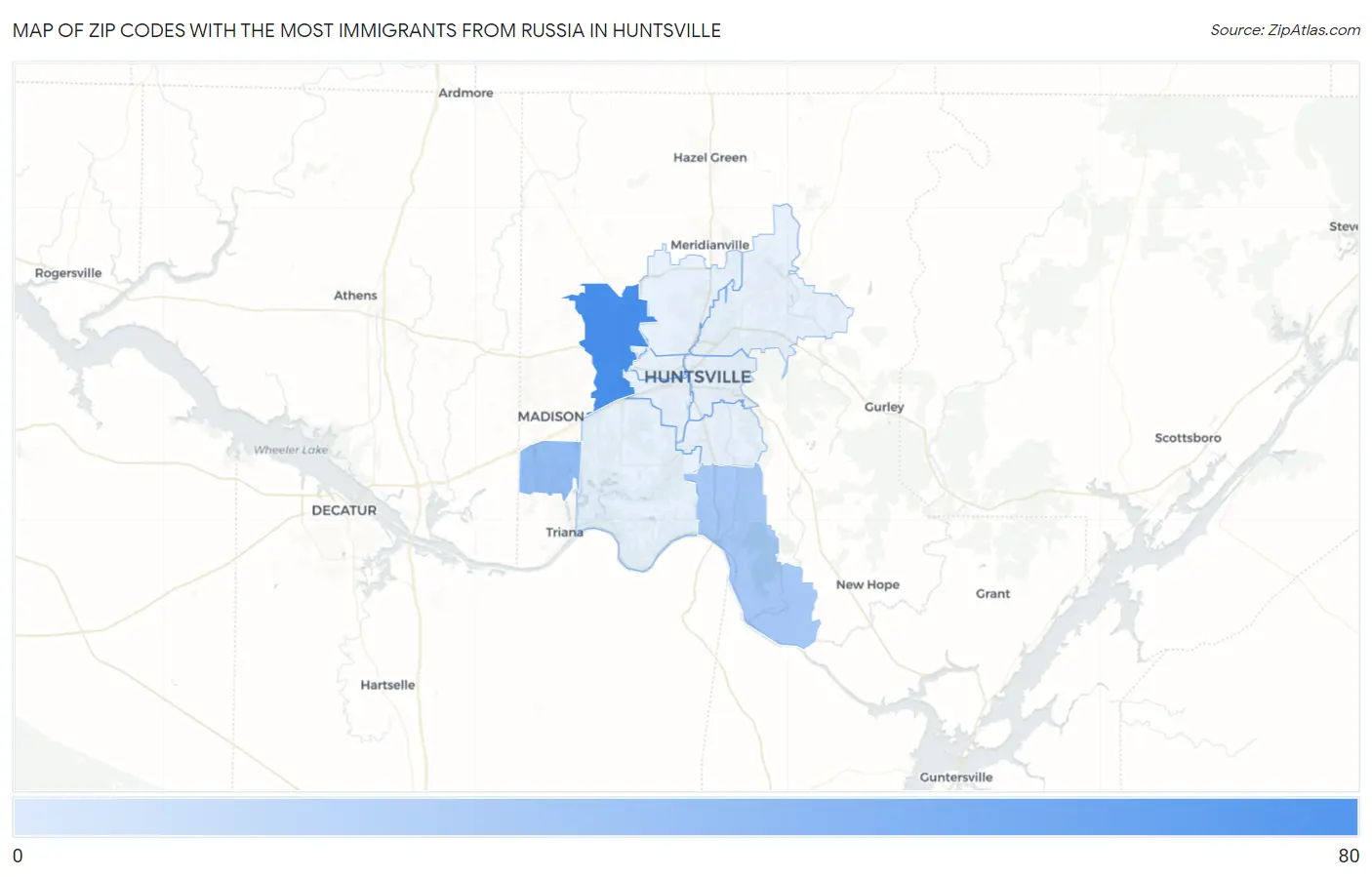 Zip Codes with the Most Immigrants from Russia in Huntsville Map