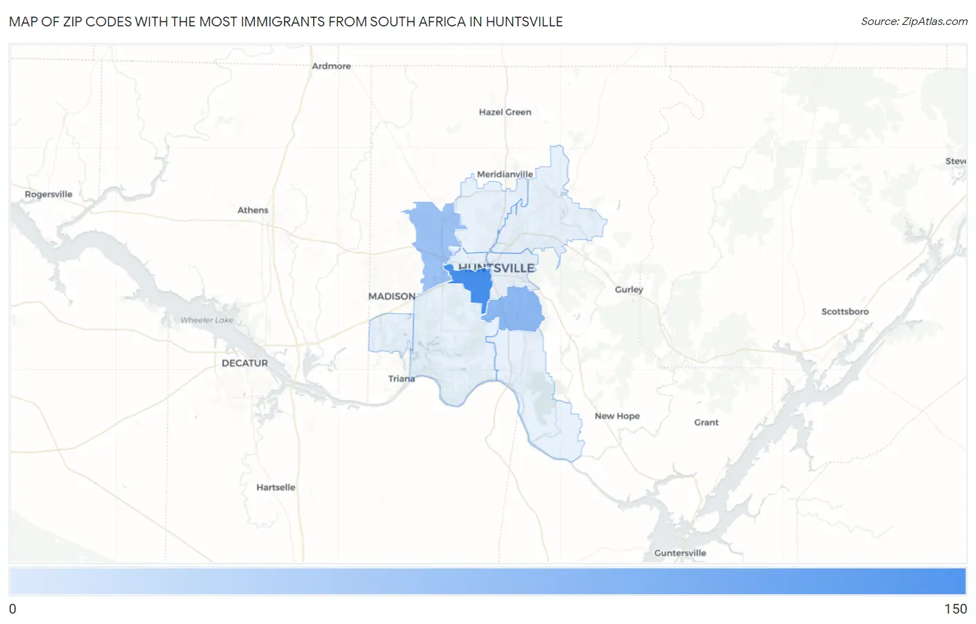 Zip Codes with the Most Immigrants from South Africa in Huntsville Map