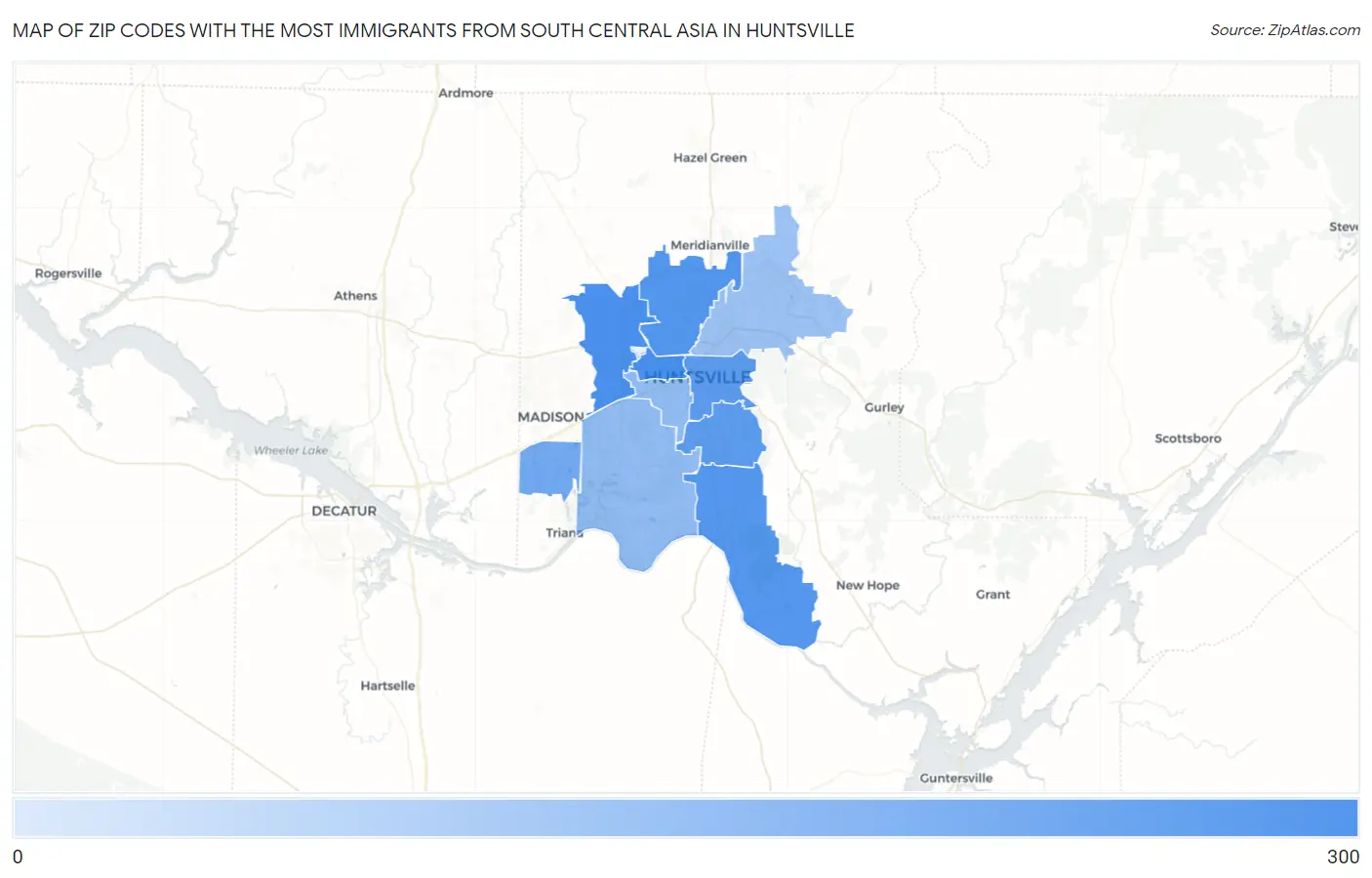 Zip Codes with the Most Immigrants from South Central Asia in Huntsville Map