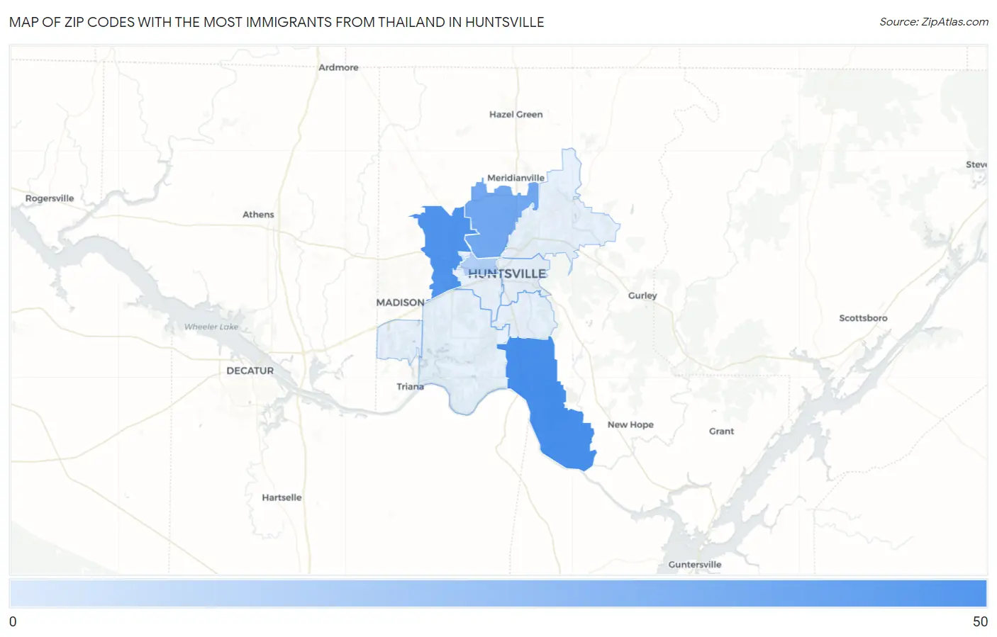 Zip Codes with the Most Immigrants from Thailand in Huntsville Map