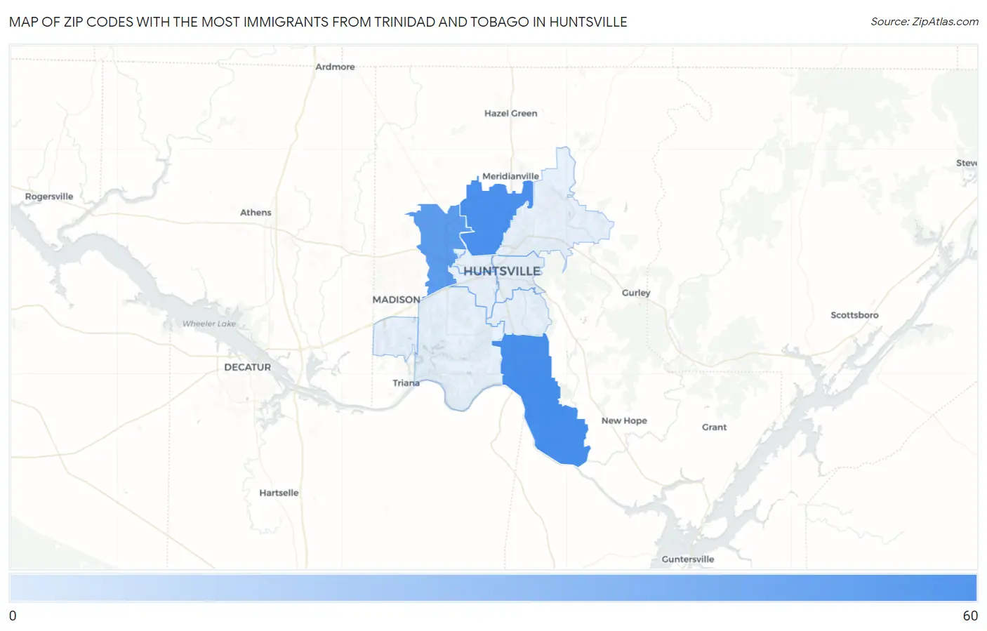 Zip Codes with the Most Immigrants from Trinidad and Tobago in Huntsville Map