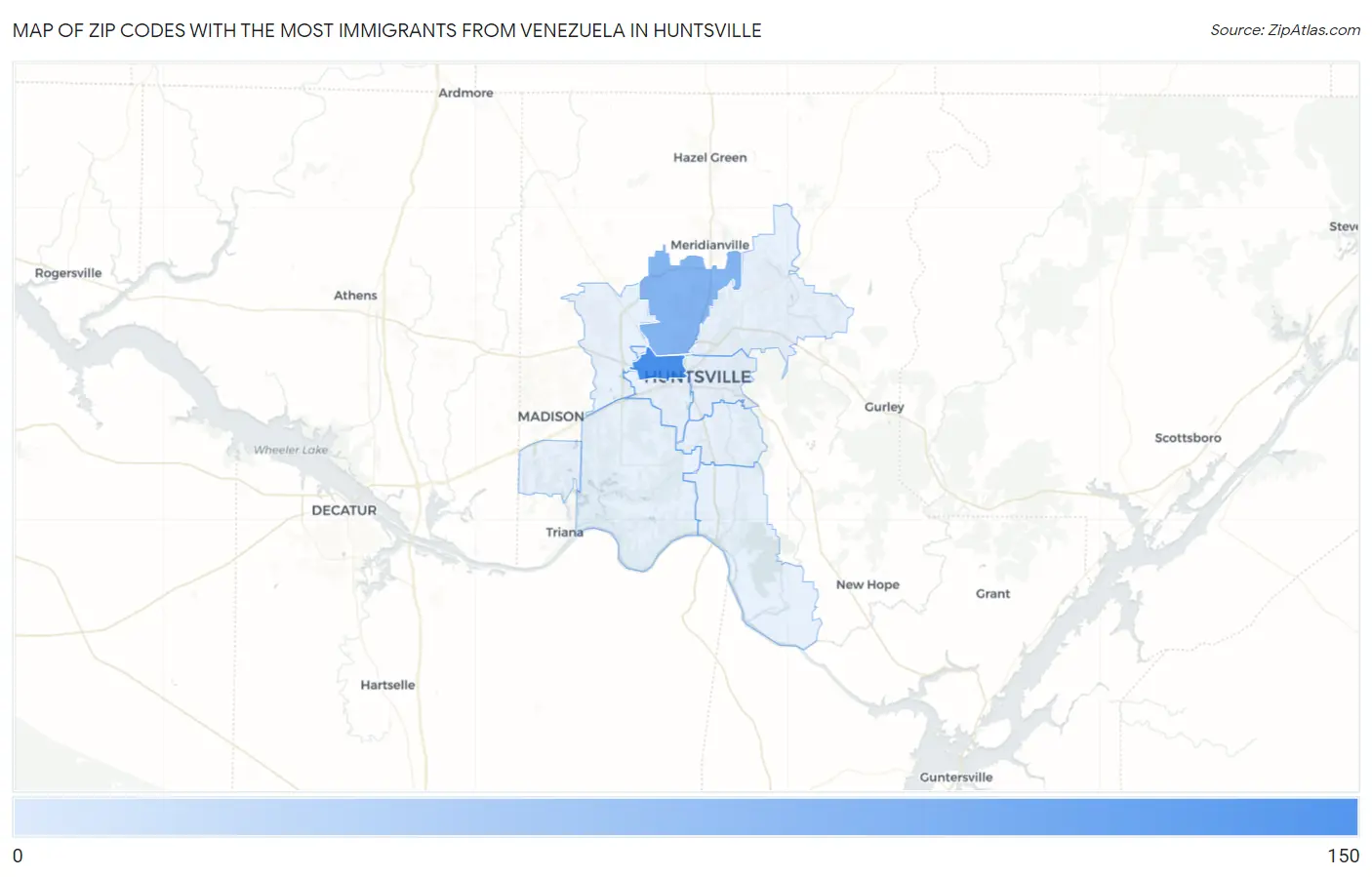 Zip Codes with the Most Immigrants from Venezuela in Huntsville Map