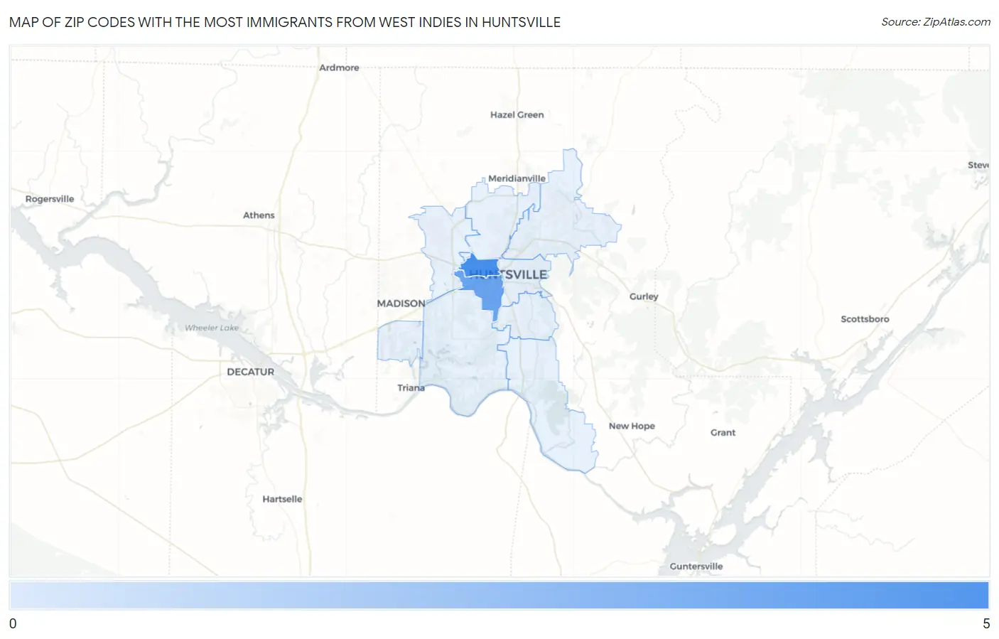 Zip Codes with the Most Immigrants from West Indies in Huntsville Map