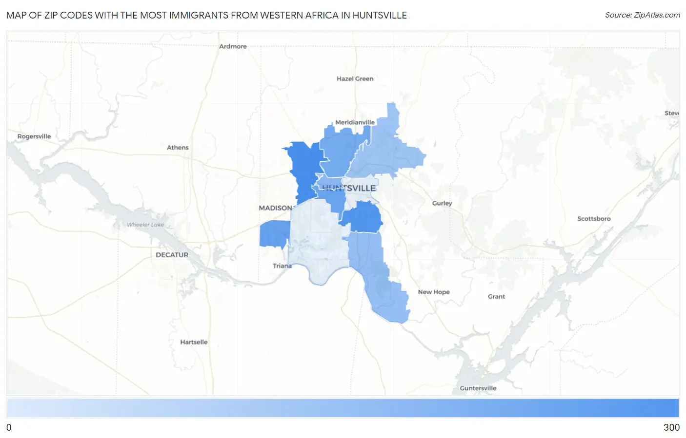 Zip Codes with the Most Immigrants from Western Africa in Huntsville Map