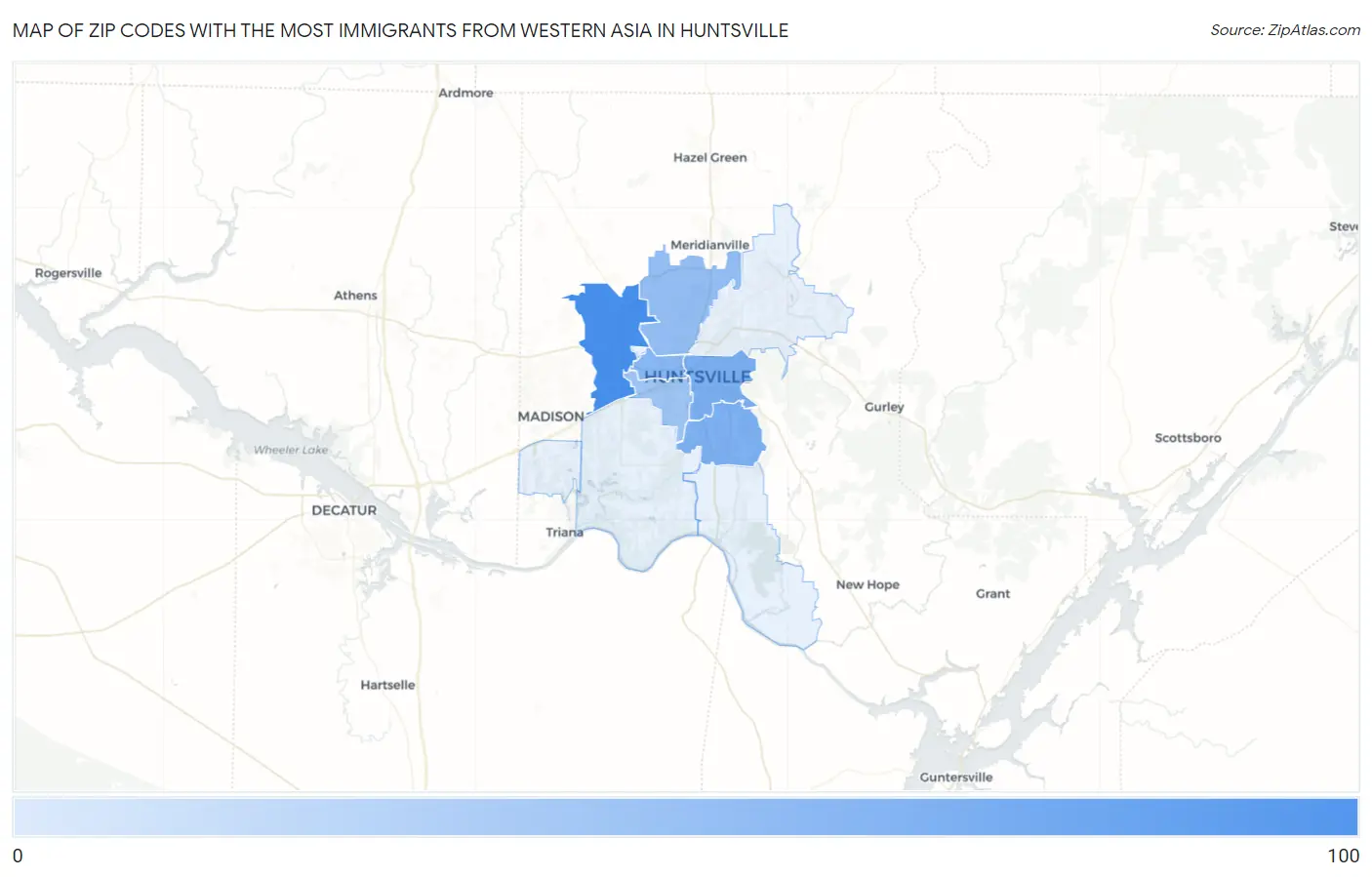 Zip Codes with the Most Immigrants from Western Asia in Huntsville Map
