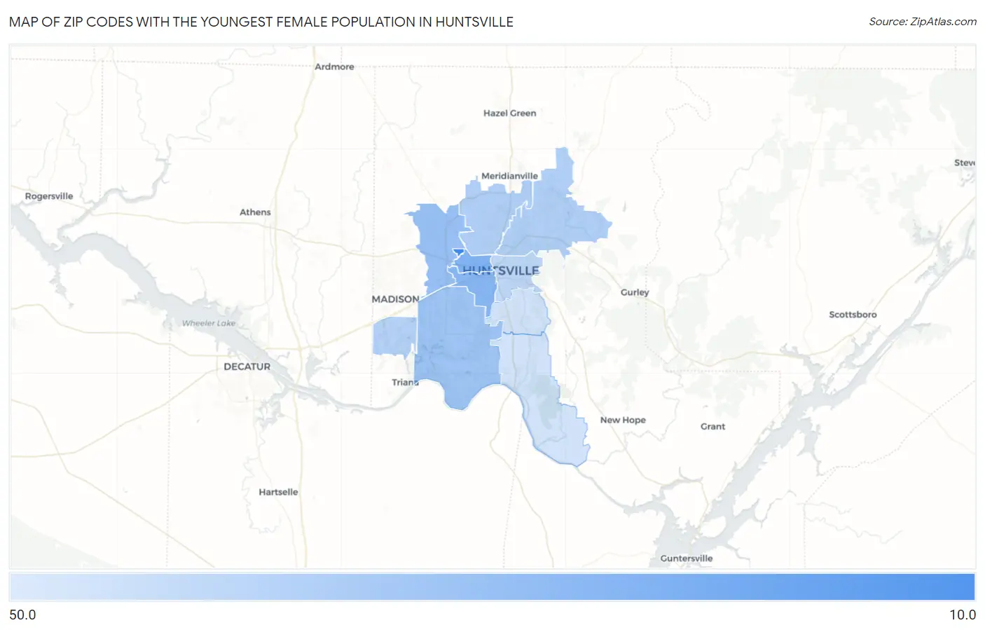 Zip Codes with the Youngest Female Population in Huntsville Map