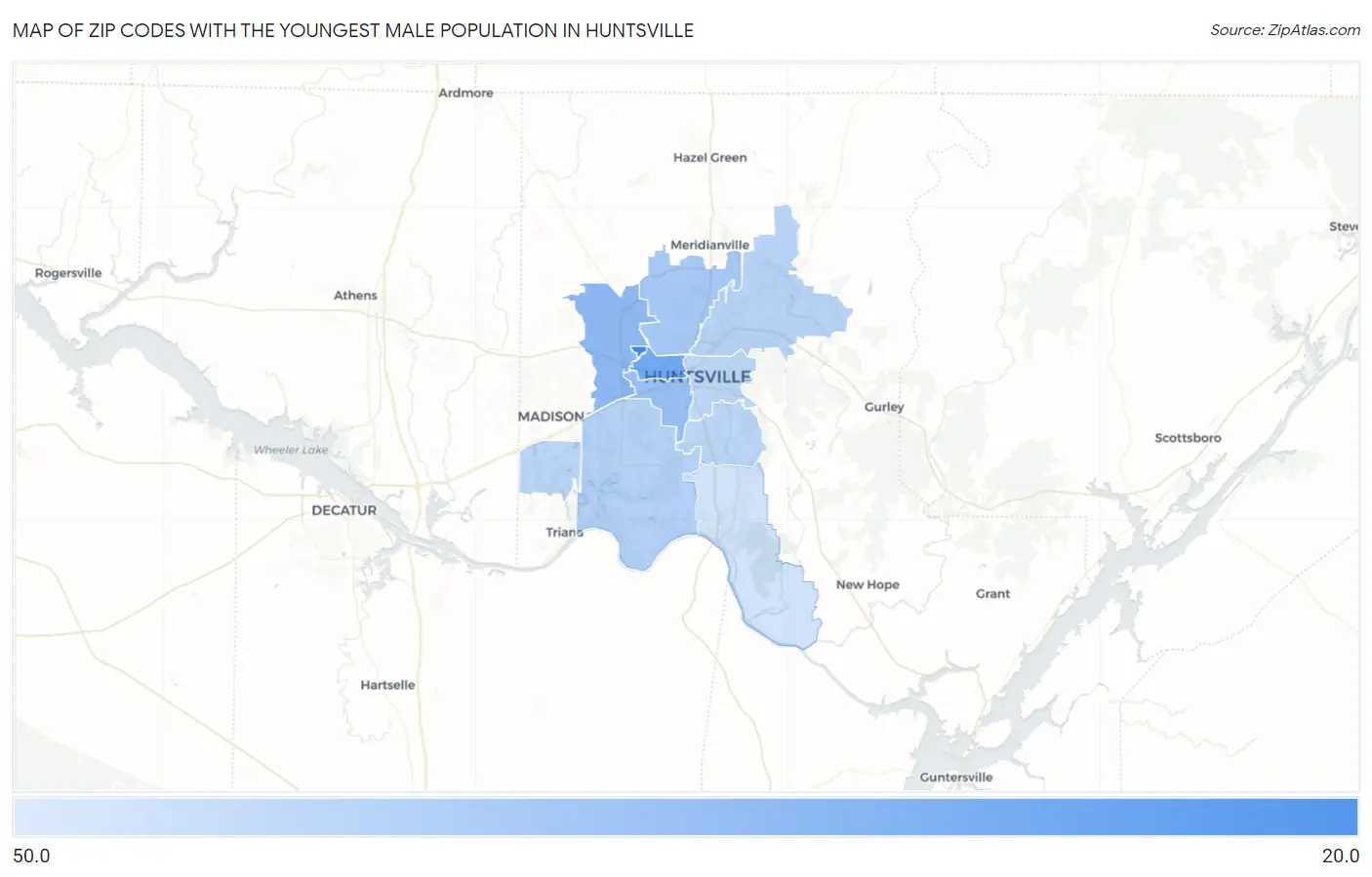 Zip Codes with the Youngest Male Population in Huntsville Map