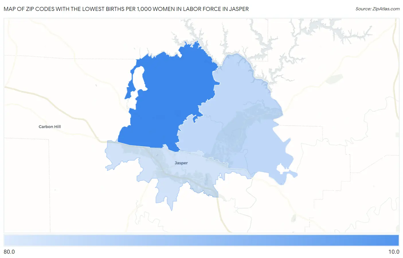 Zip Codes with the Lowest Births per 1,000 Women in Labor Force in Jasper Map