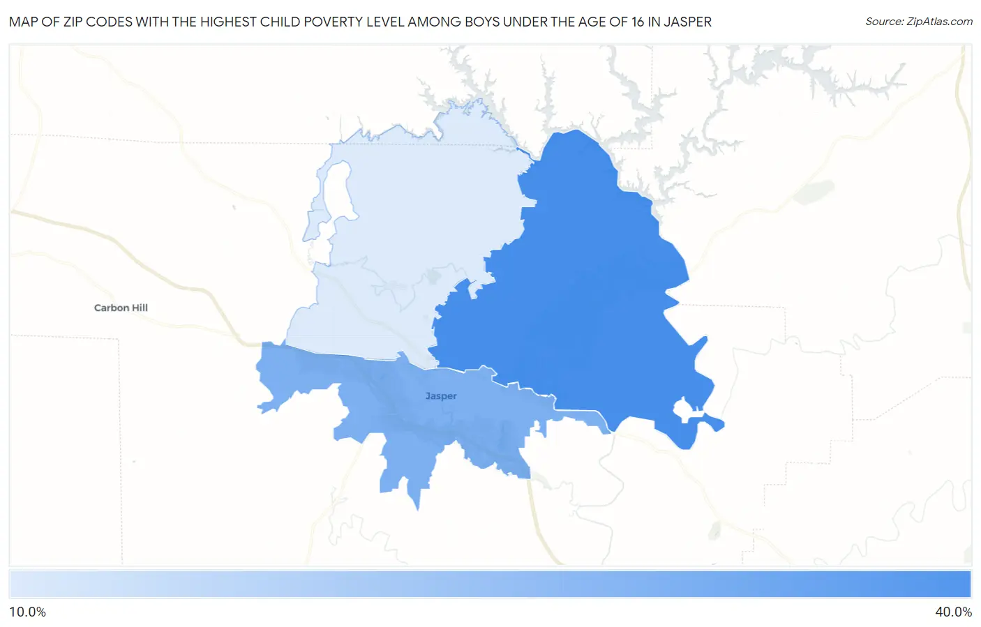 Zip Codes with the Highest Child Poverty Level Among Boys Under the Age of 16 in Jasper Map