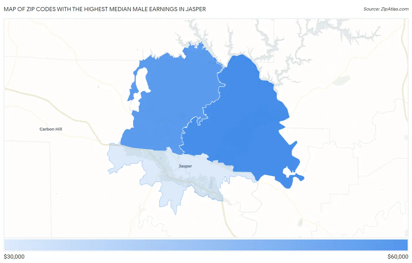 Zip Codes with the Highest Median Male Earnings in Jasper Map