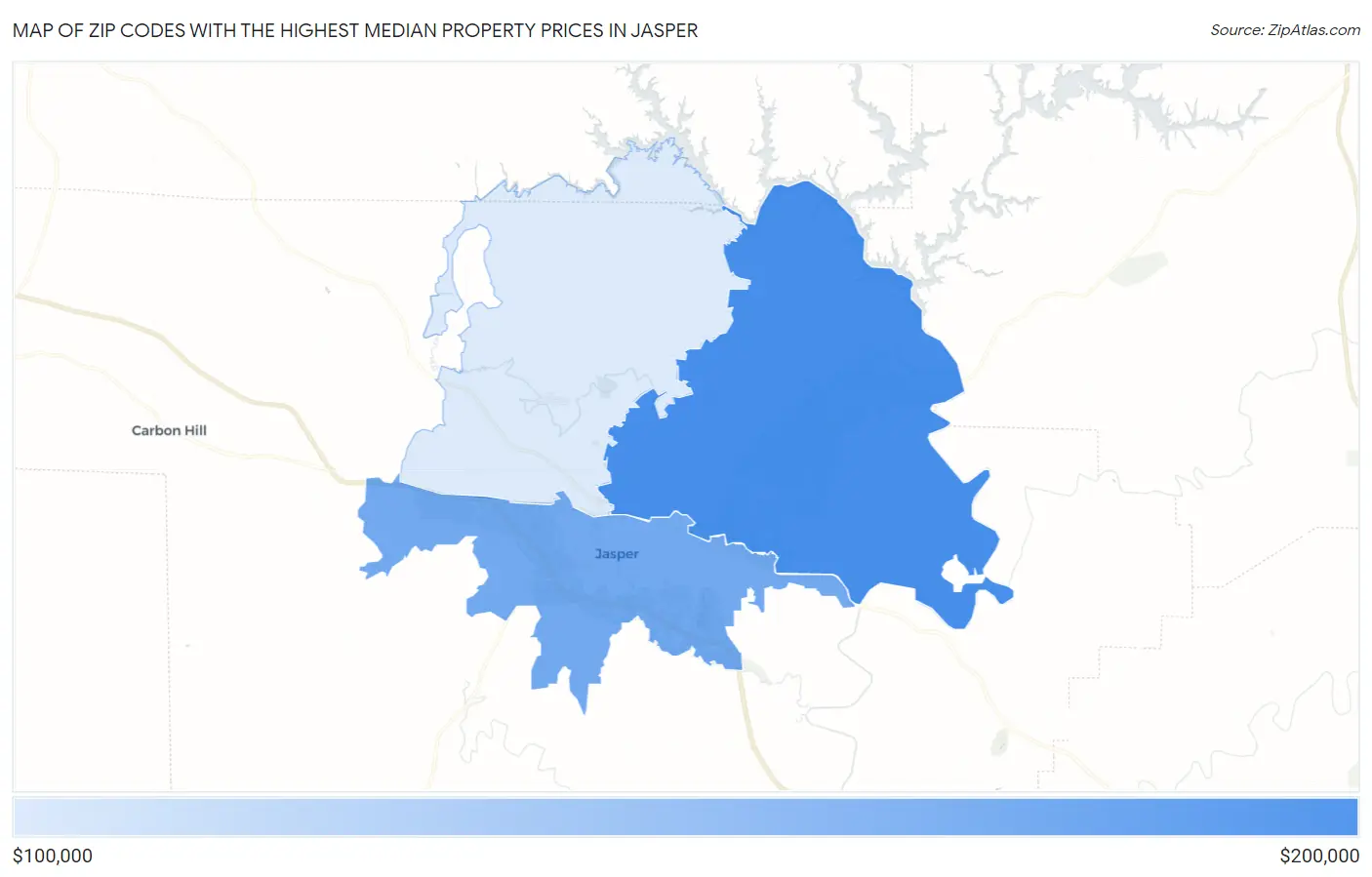 Zip Codes with the Highest Median Property Prices in Jasper Map