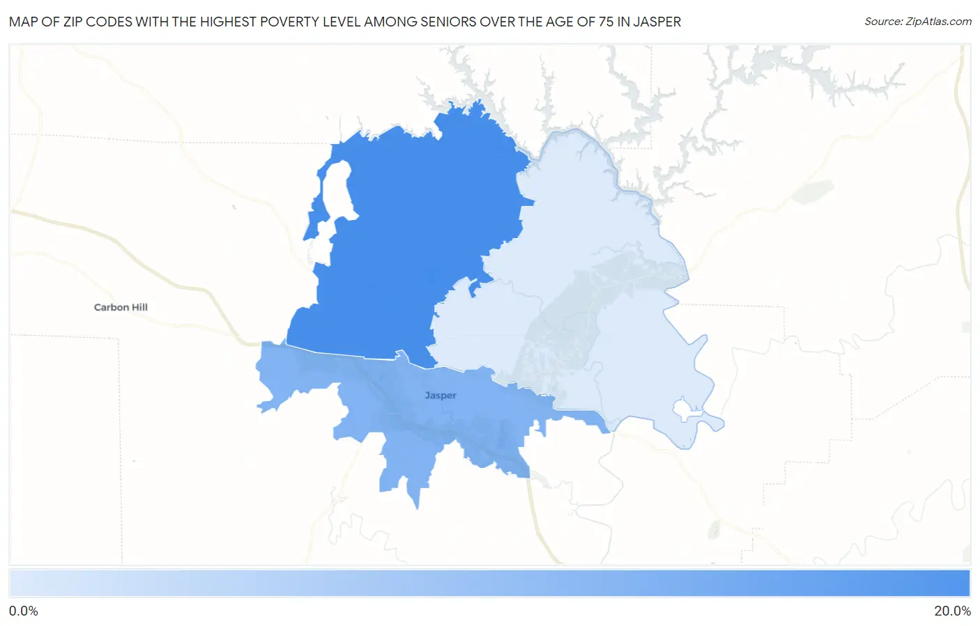 Zip Codes with the Highest Poverty Level Among Seniors Over the Age of 75 in Jasper Map