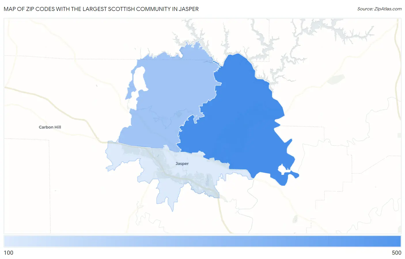 Zip Codes with the Largest Scottish Community in Jasper Map