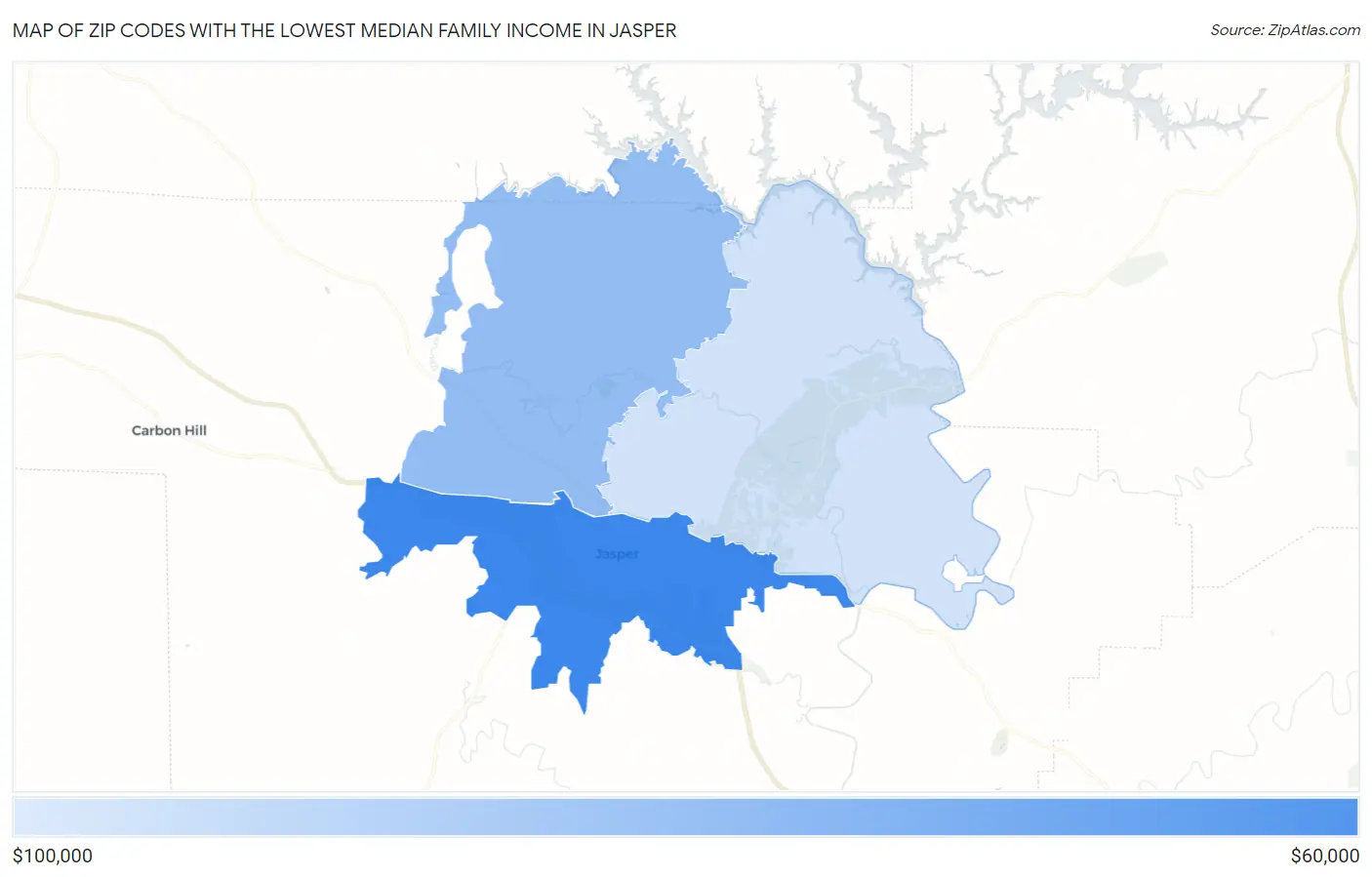 Zip Codes with the Lowest Median Family Income in Jasper Map