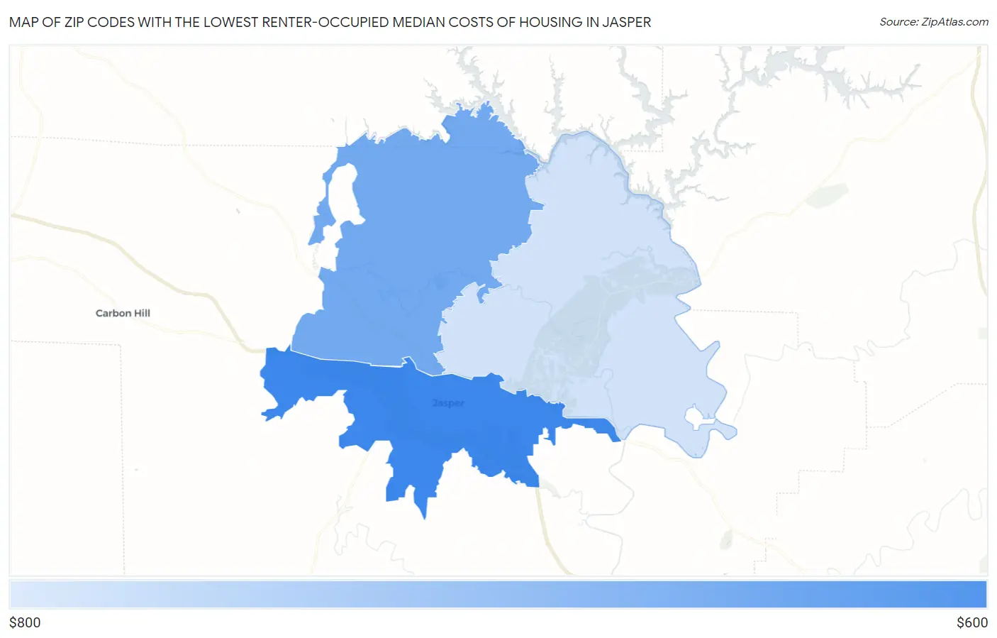 Zip Codes with the Lowest Renter-Occupied Median Costs of Housing in Jasper Map