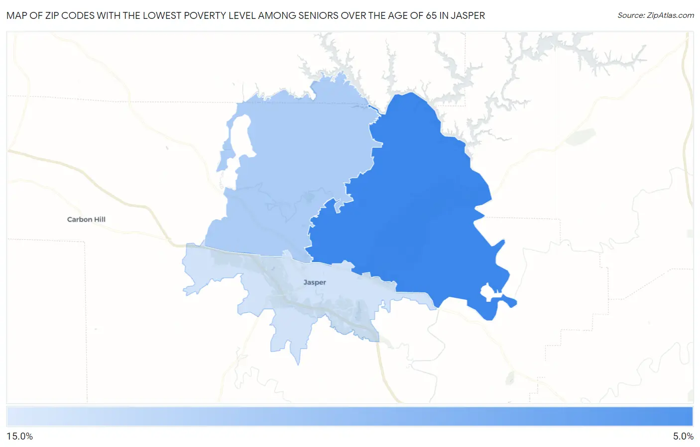 Zip Codes with the Lowest Poverty Level Among Seniors Over the Age of 65 in Jasper Map