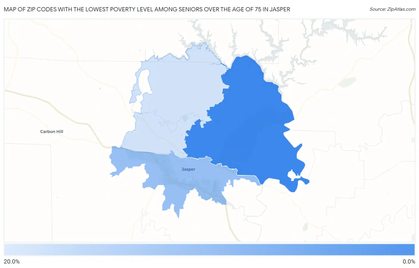 Zip Codes with the Lowest Poverty Level Among Seniors Over the Age of 75 in Jasper Map