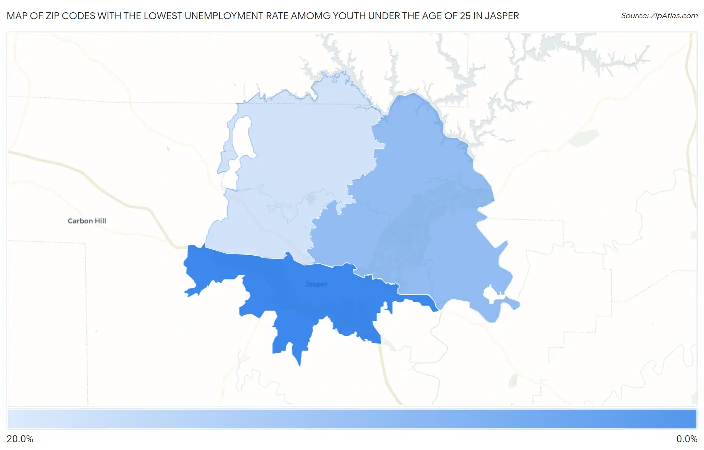 Zip Codes with the Lowest Unemployment Rate Amomg Youth Under the Age of 25 in Jasper Map