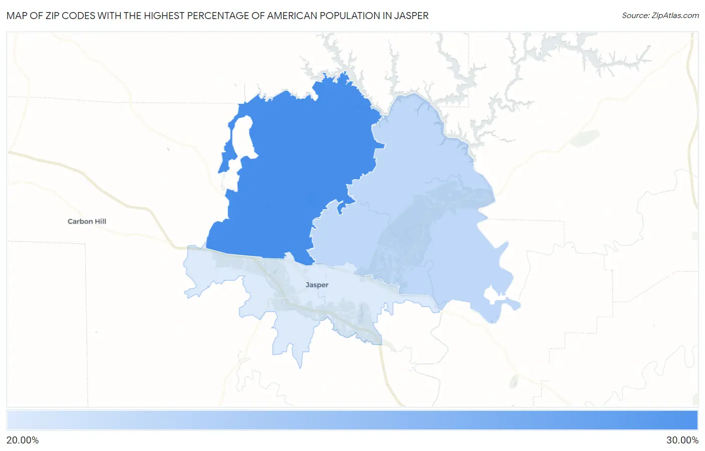 Zip Codes with the Highest Percentage of American Population in Jasper Map