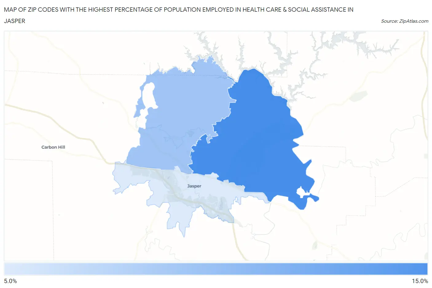 Zip Codes with the Highest Percentage of Population Employed in Health Care & Social Assistance in Jasper Map