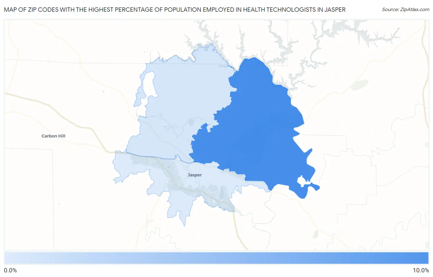Zip Codes with the Highest Percentage of Population Employed in Health Technologists in Jasper Map