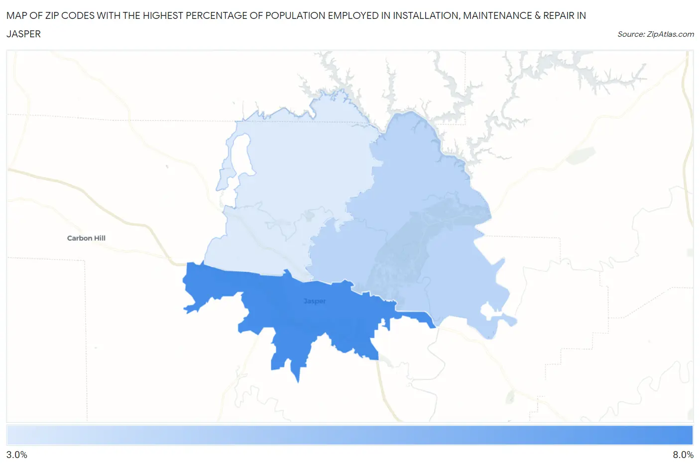 Zip Codes with the Highest Percentage of Population Employed in Installation, Maintenance & Repair in Jasper Map