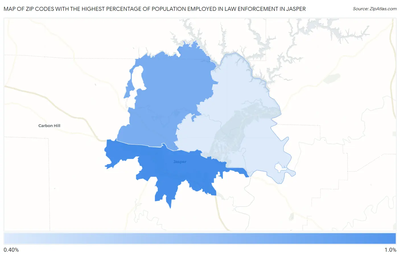Zip Codes with the Highest Percentage of Population Employed in Law Enforcement in Jasper Map