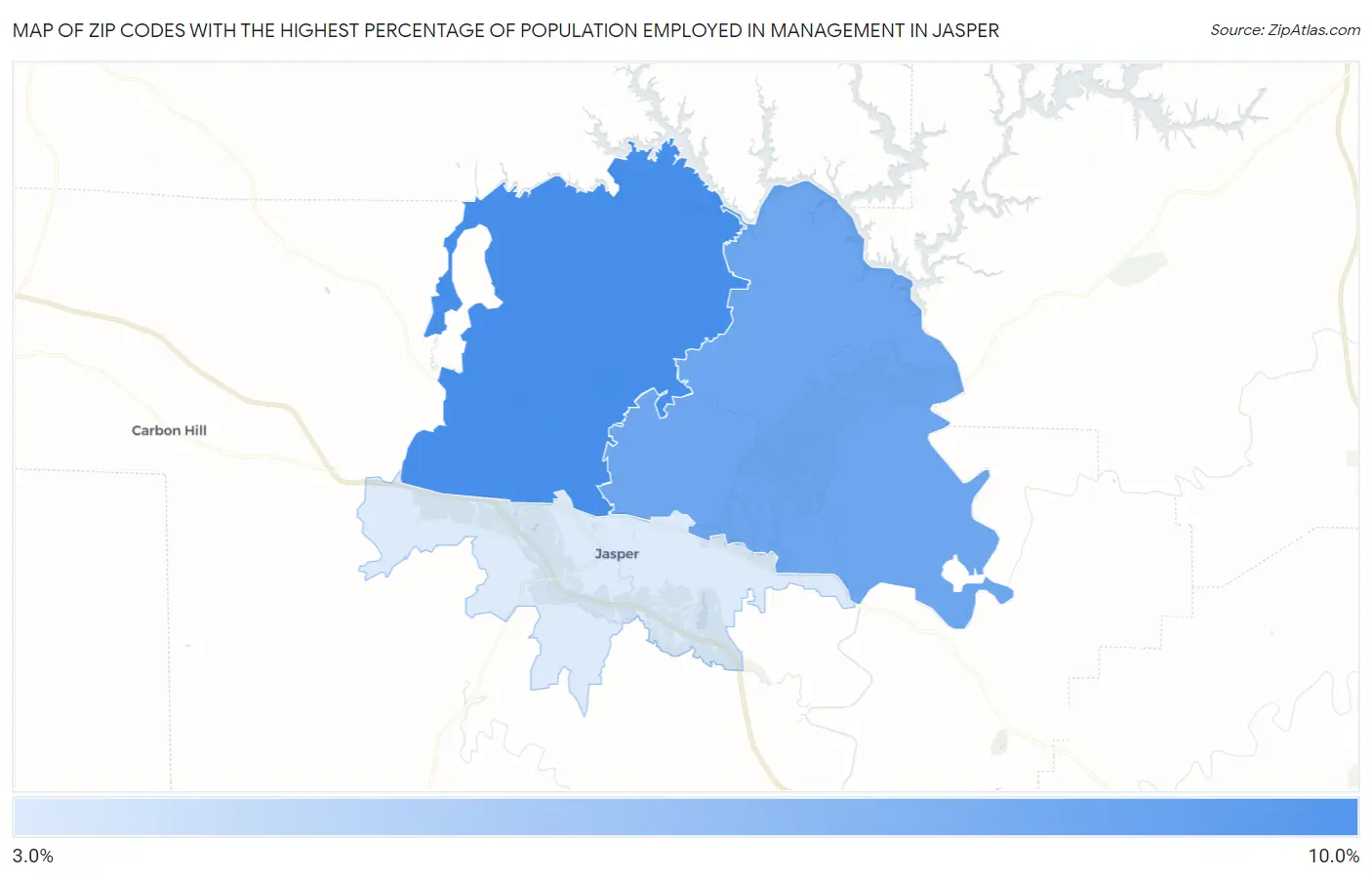 Zip Codes with the Highest Percentage of Population Employed in Management in Jasper Map