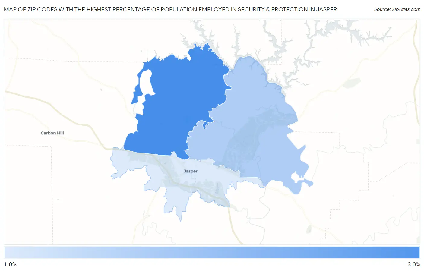 Zip Codes with the Highest Percentage of Population Employed in Security & Protection in Jasper Map