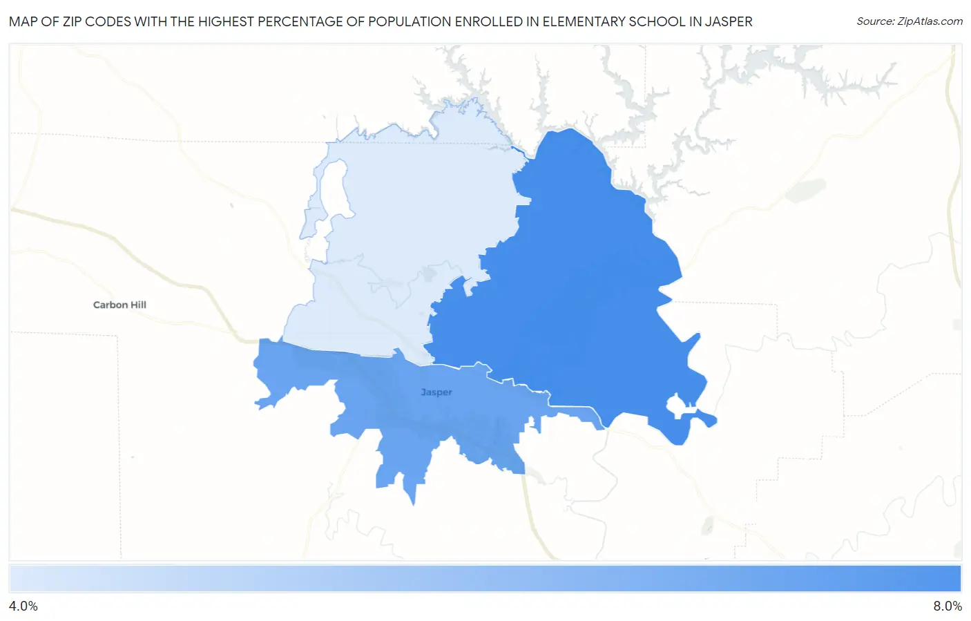 Zip Codes with the Highest Percentage of Population Enrolled in Elementary School in Jasper Map