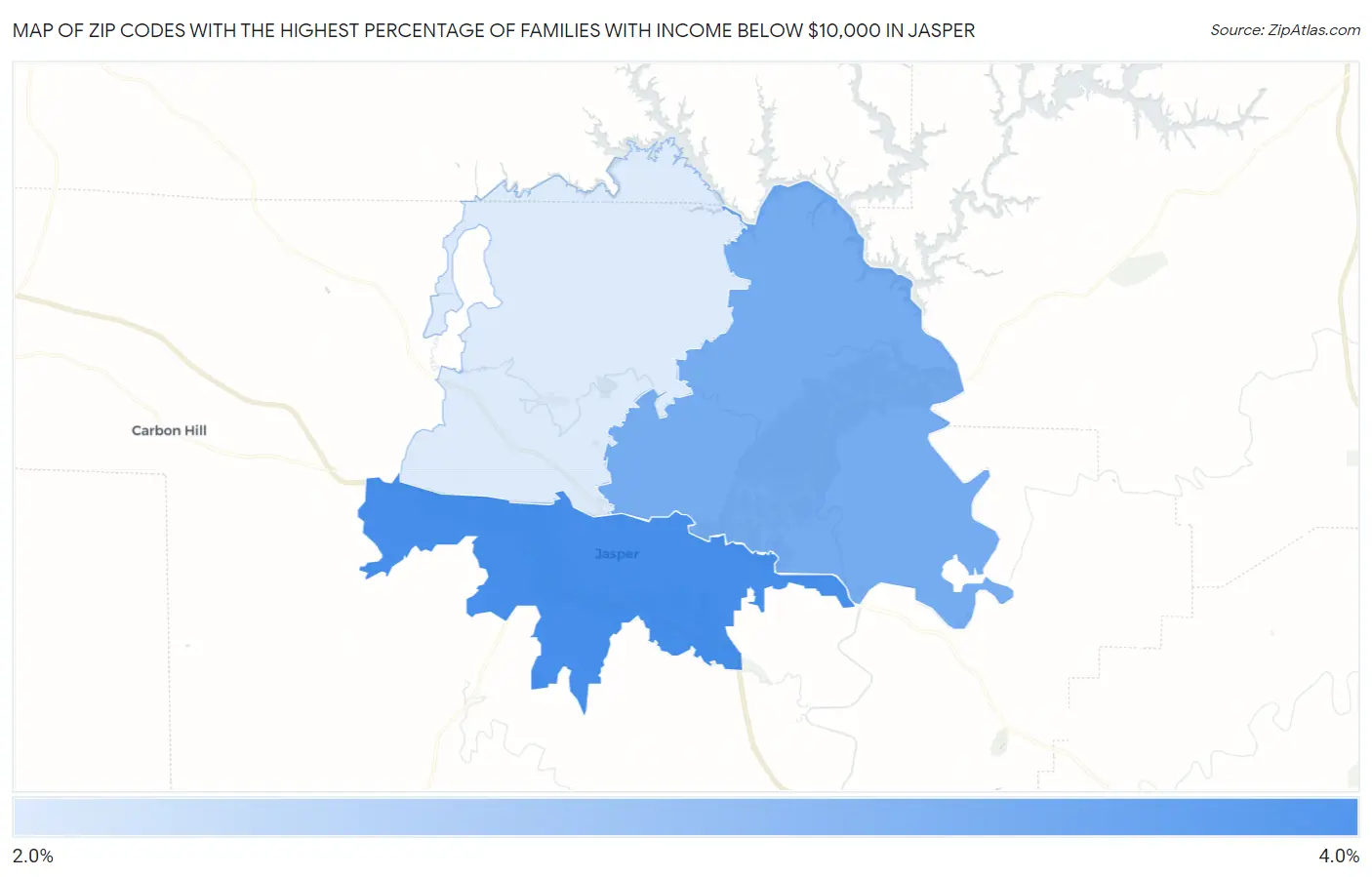 Zip Codes with the Highest Percentage of Families with Income Below $10,000 in Jasper Map