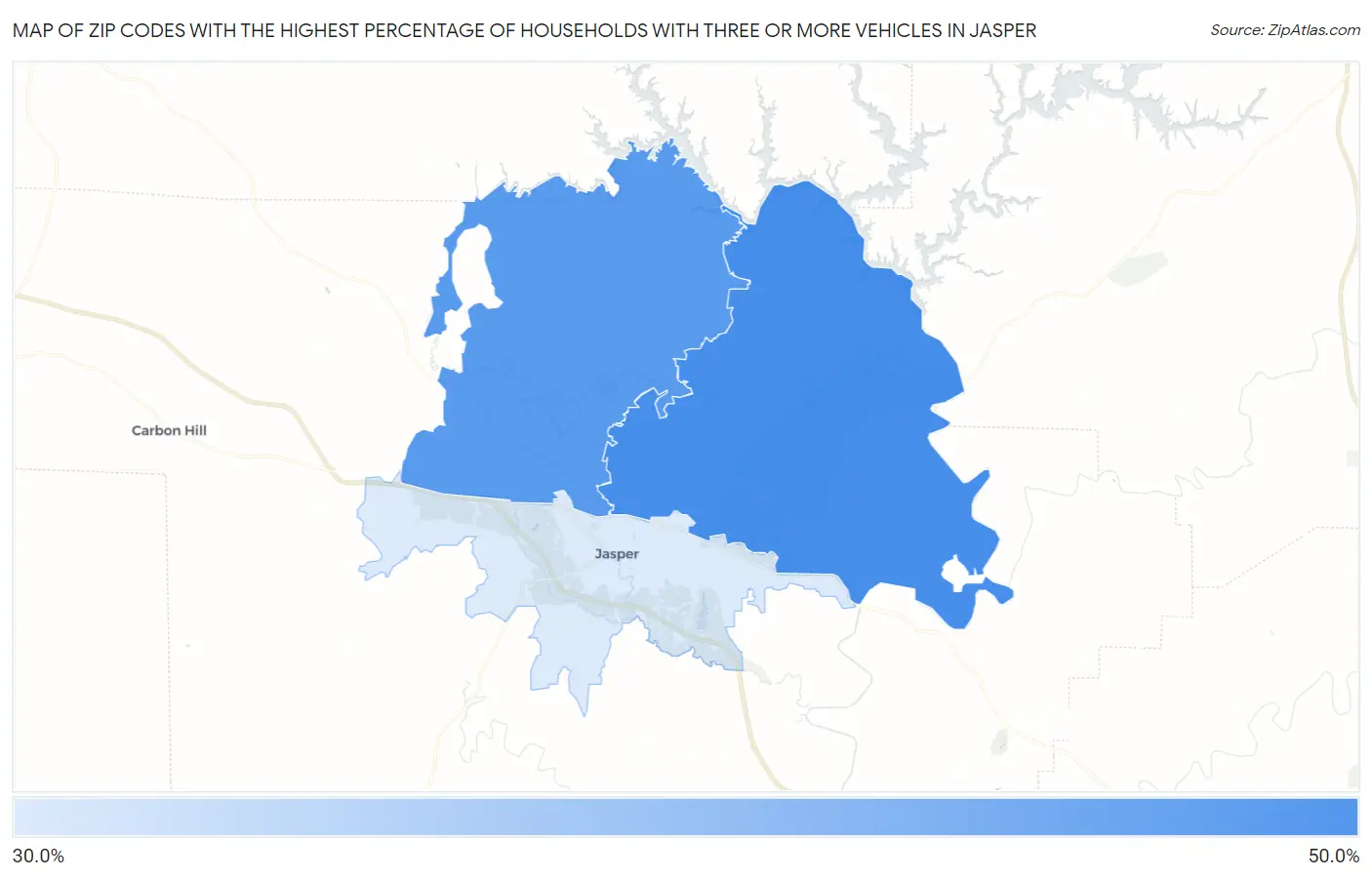 Zip Codes with the Highest Percentage of Households With Three or more Vehicles in Jasper Map
