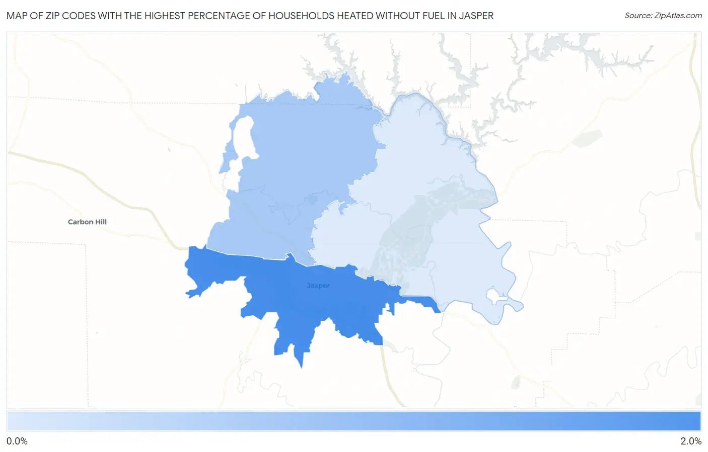 Zip Codes with the Highest Percentage of Households Heated without Fuel in Jasper Map