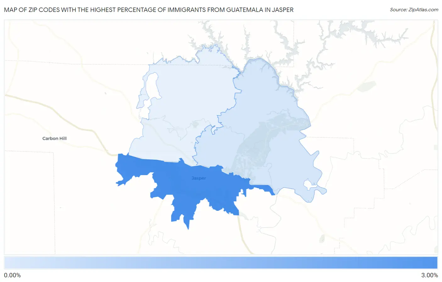 Zip Codes with the Highest Percentage of Immigrants from Guatemala in Jasper Map