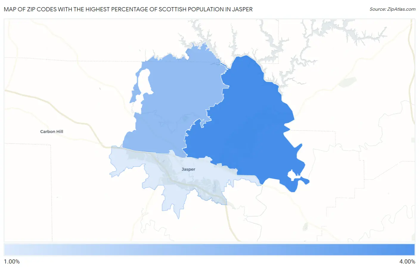 Zip Codes with the Highest Percentage of Scottish Population in Jasper Map