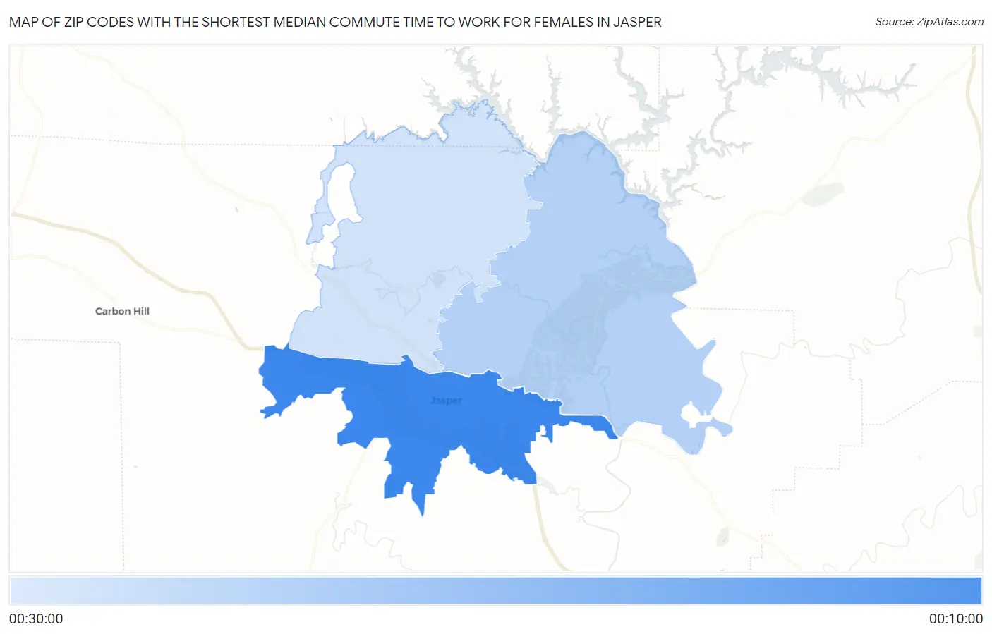 Zip Codes with the Shortest Median Commute Time to Work for Females in Jasper Map