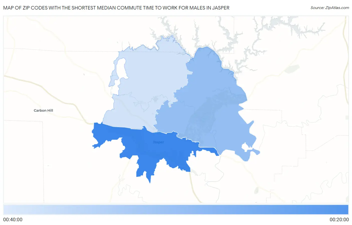 Zip Codes with the Shortest Median Commute Time to Work for Males in Jasper Map
