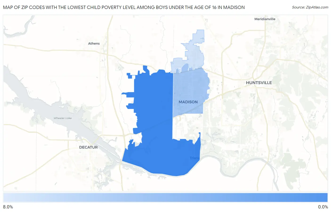 Zip Codes with the Lowest Child Poverty Level Among Boys Under the Age of 16 in Madison Map