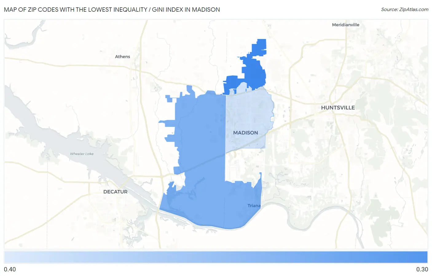 Zip Codes with the Lowest Inequality / Gini Index in Madison Map