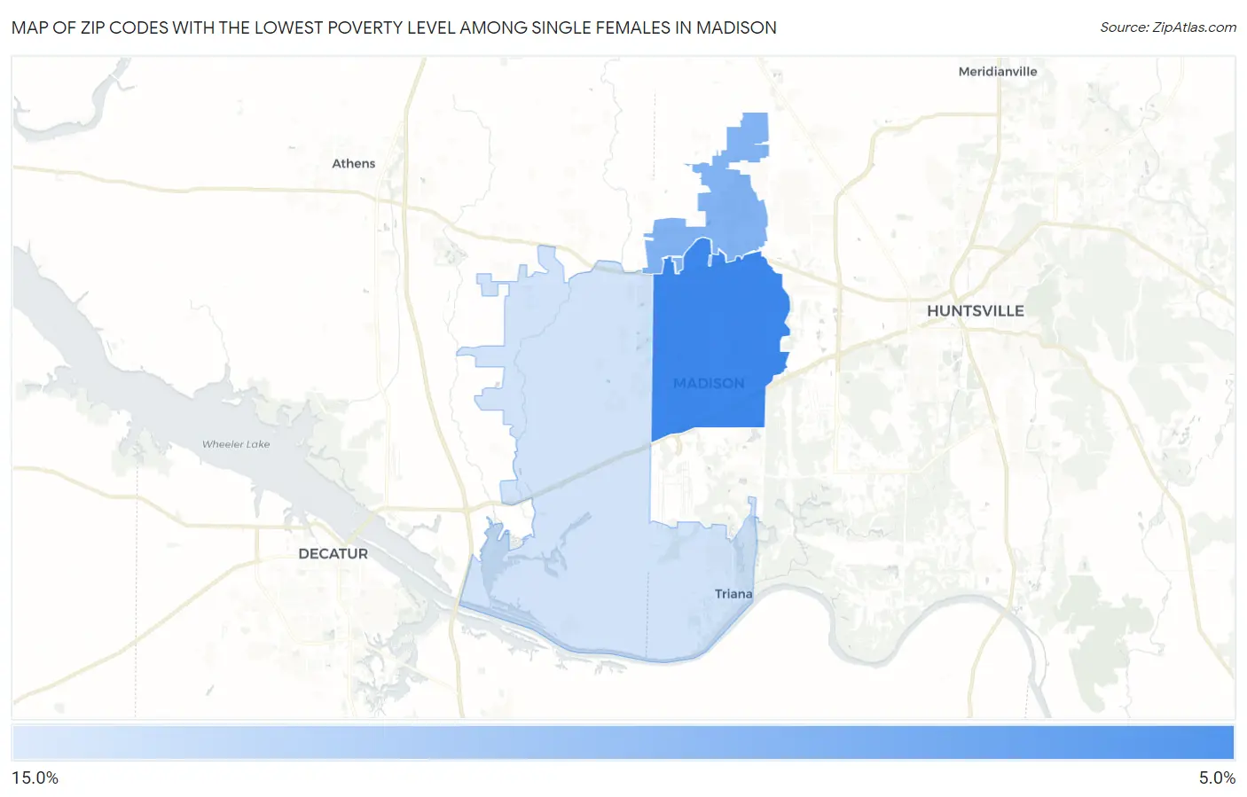 Zip Codes with the Lowest Poverty Level Among Single Females in Madison Map