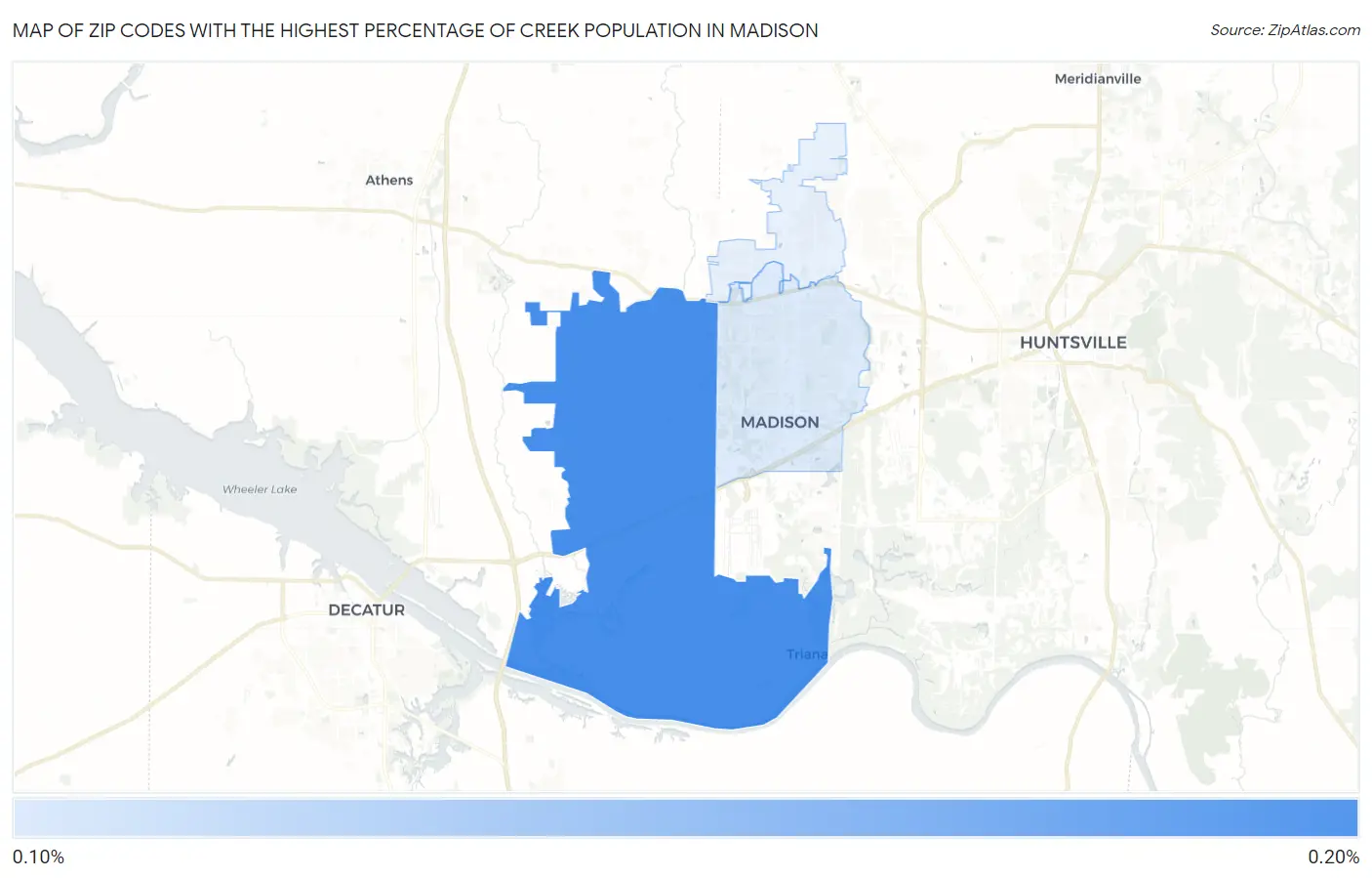 Zip Codes with the Highest Percentage of Creek Population in Madison Map