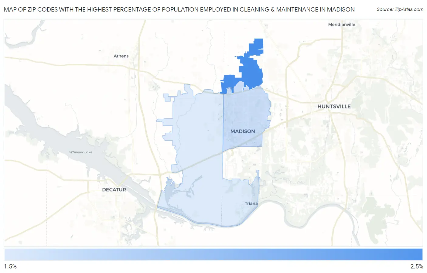 Zip Codes with the Highest Percentage of Population Employed in Cleaning & Maintenance in Madison Map