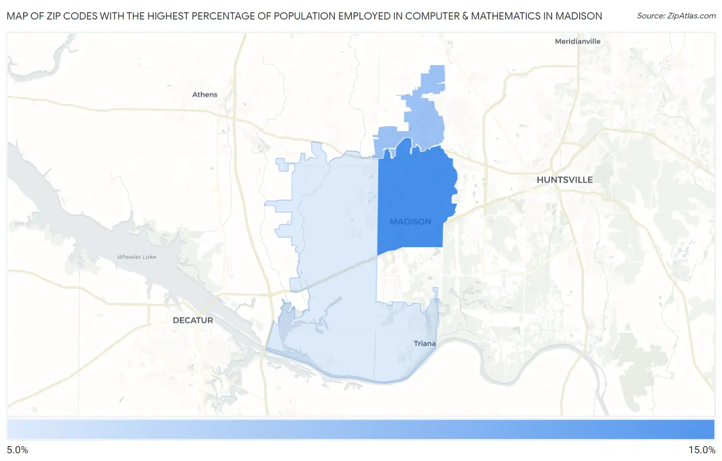 Zip Codes with the Highest Percentage of Population Employed in Computer & Mathematics in Madison Map