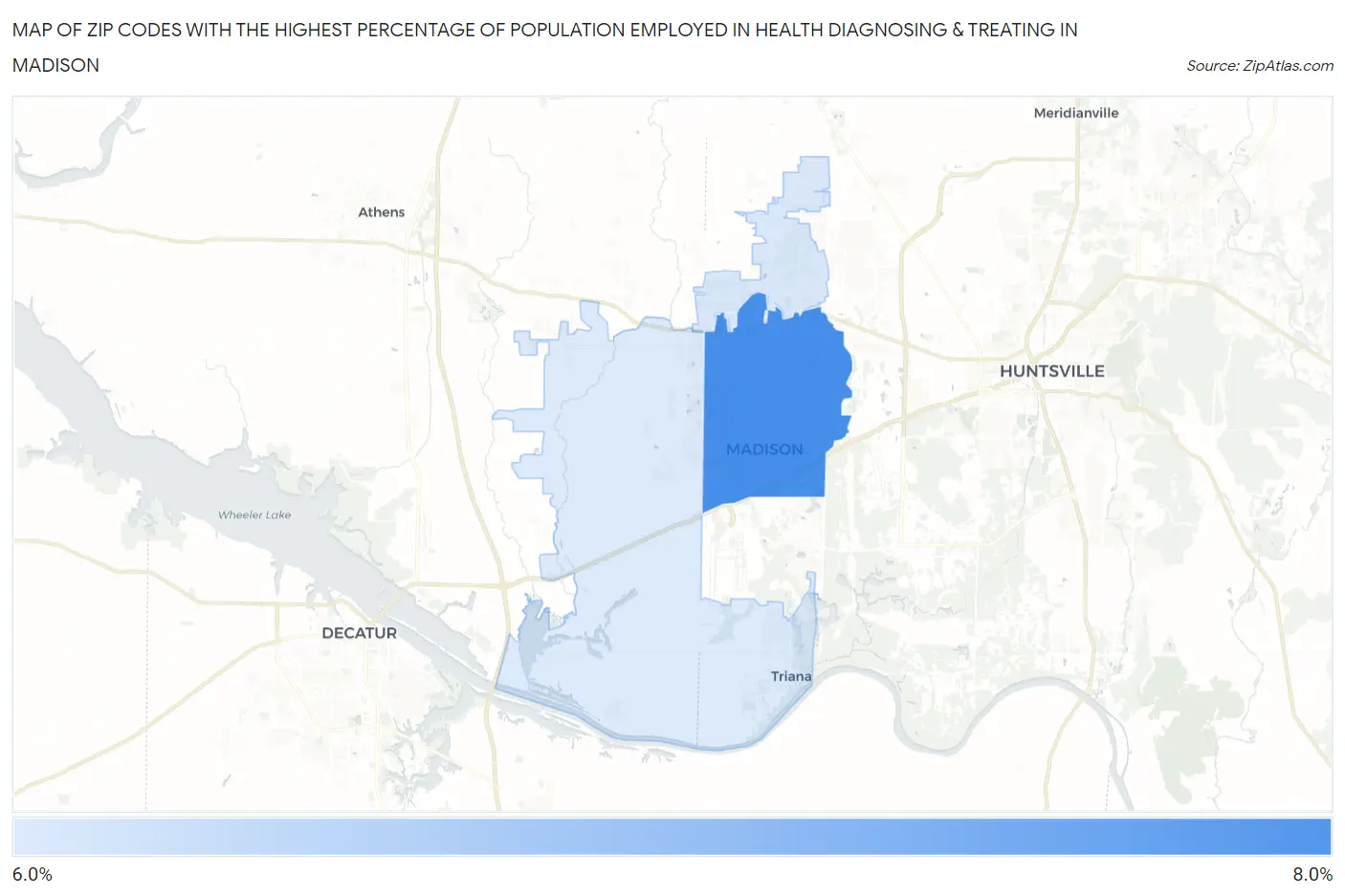 Zip Codes with the Highest Percentage of Population Employed in Health Diagnosing & Treating in Madison Map