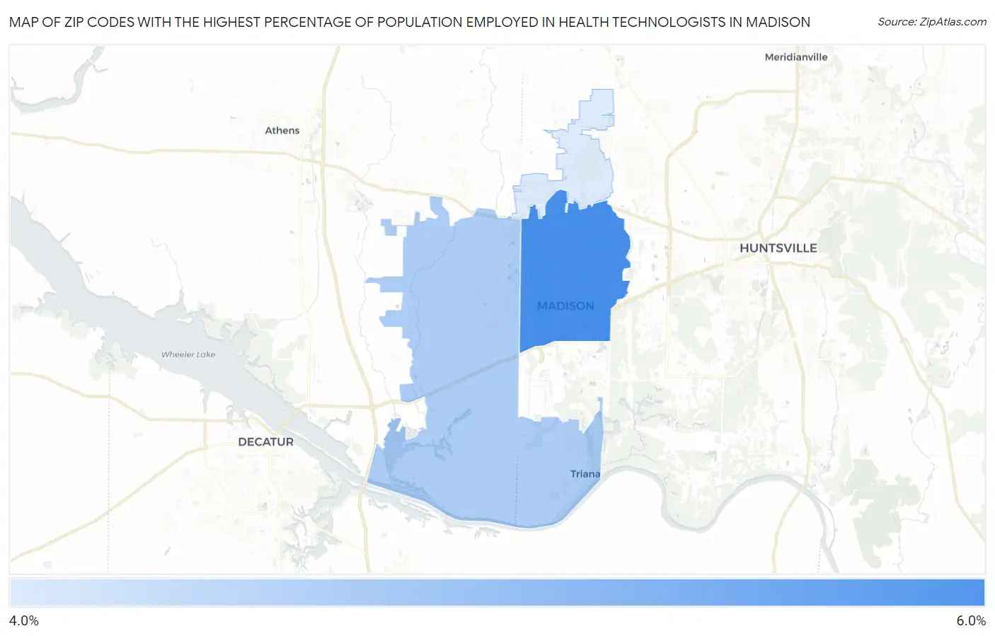 Zip Codes with the Highest Percentage of Population Employed in Health Technologists in Madison Map