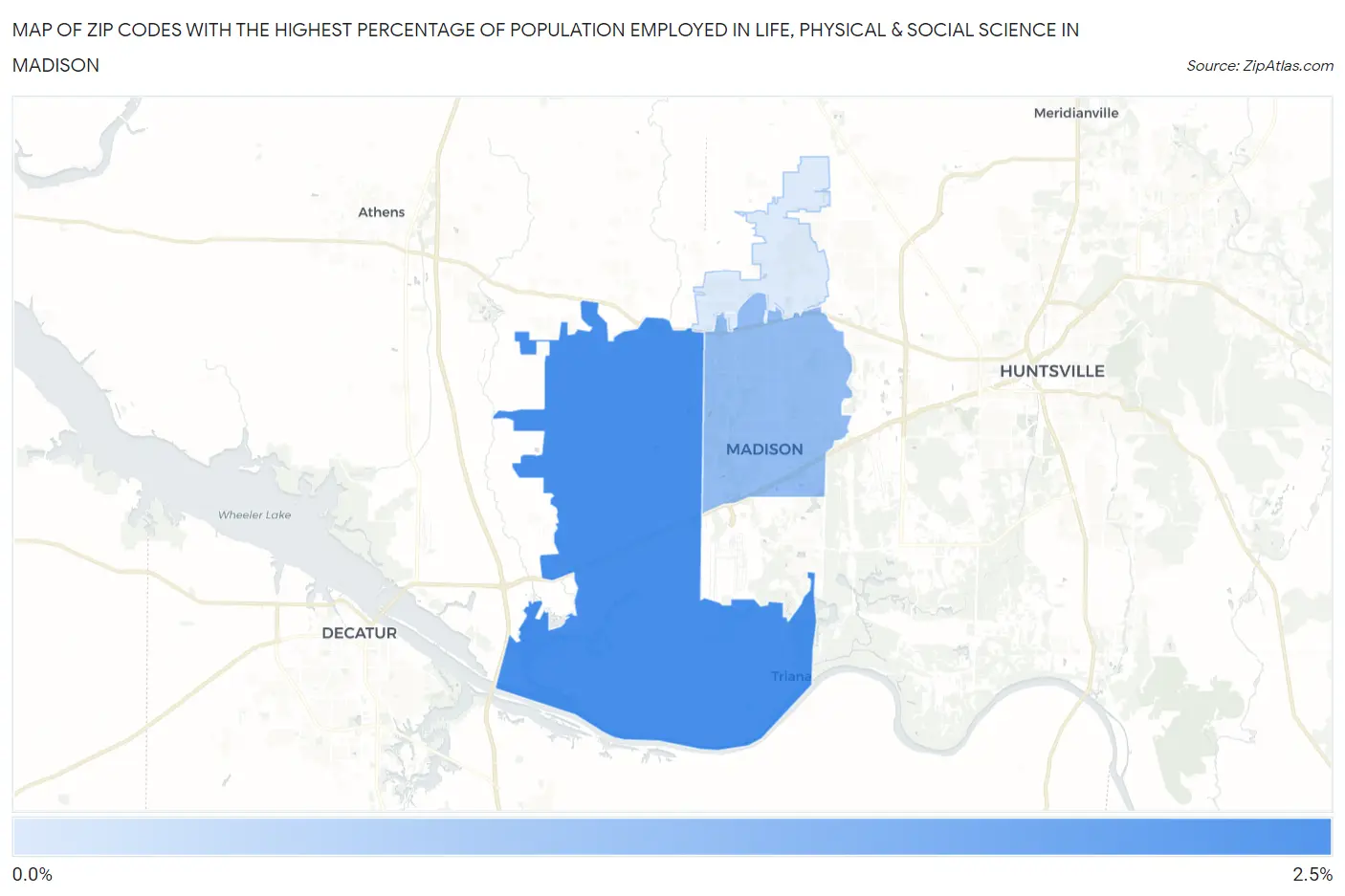 Zip Codes with the Highest Percentage of Population Employed in Life, Physical & Social Science in Madison Map