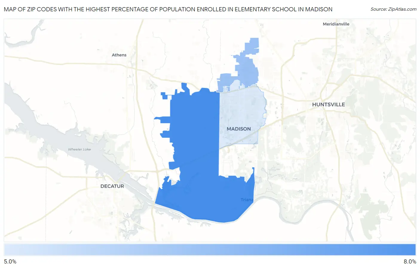 Zip Codes with the Highest Percentage of Population Enrolled in Elementary School in Madison Map